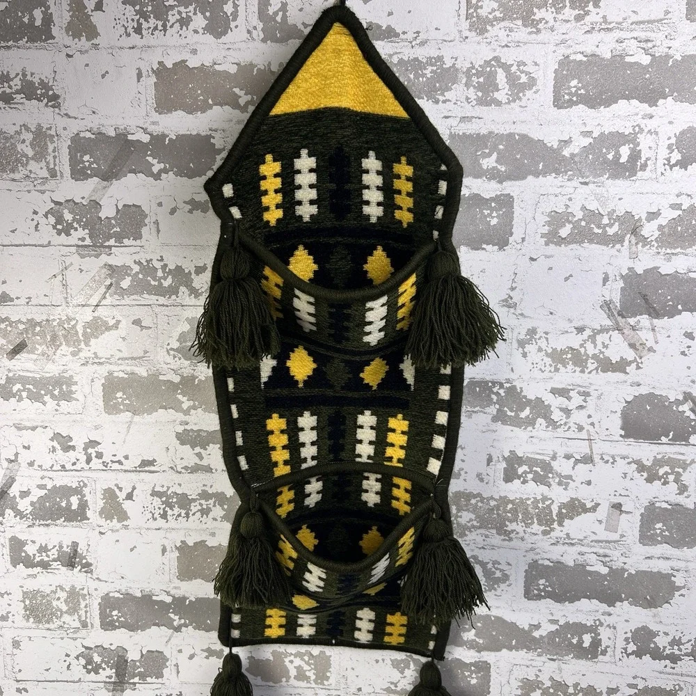 Vintage Syrian Wool Kilim Hanging Wall Pocket Hand Woven Green Gold Tassels 24